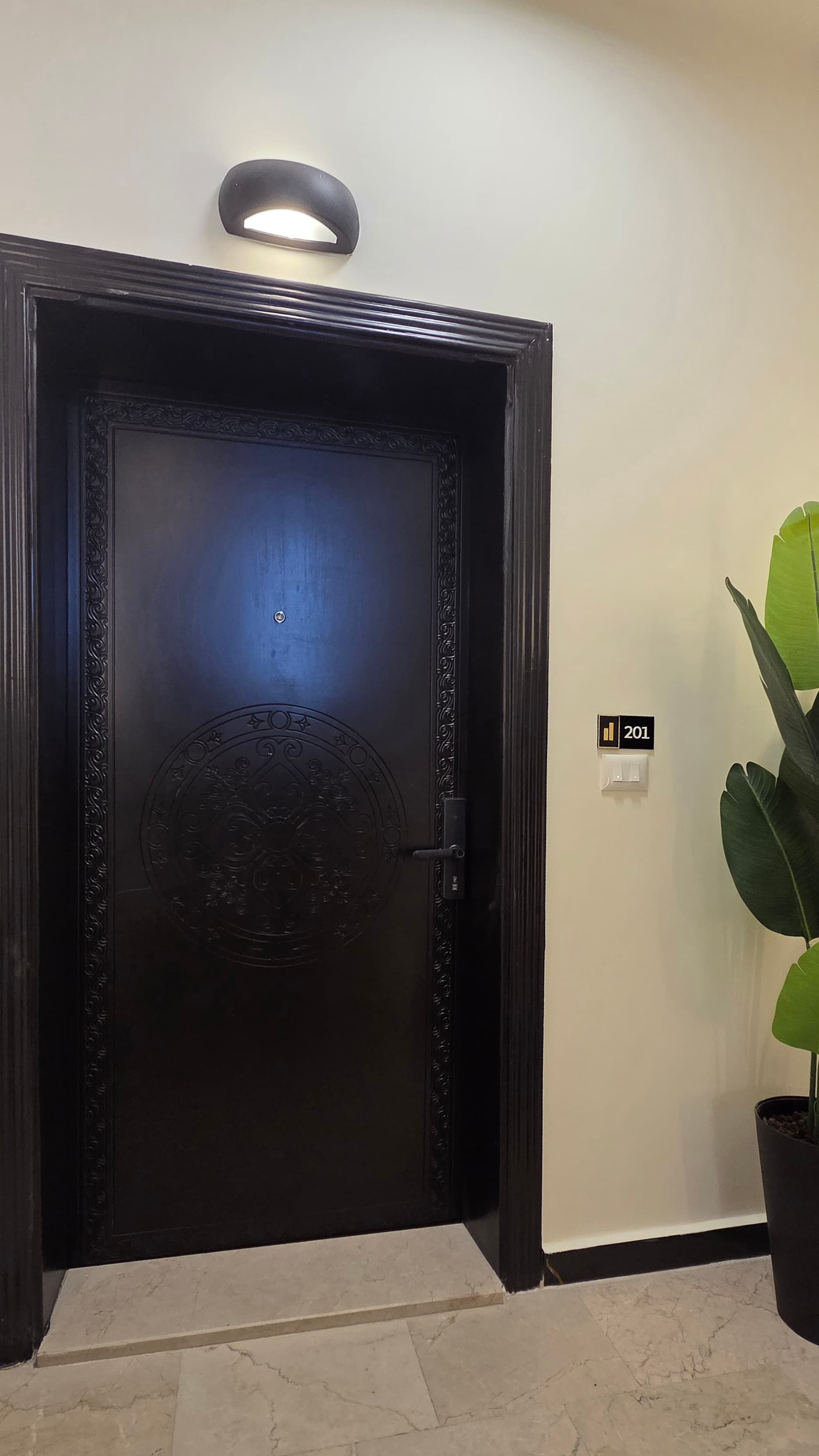 Ornate entrance door of Residence 201